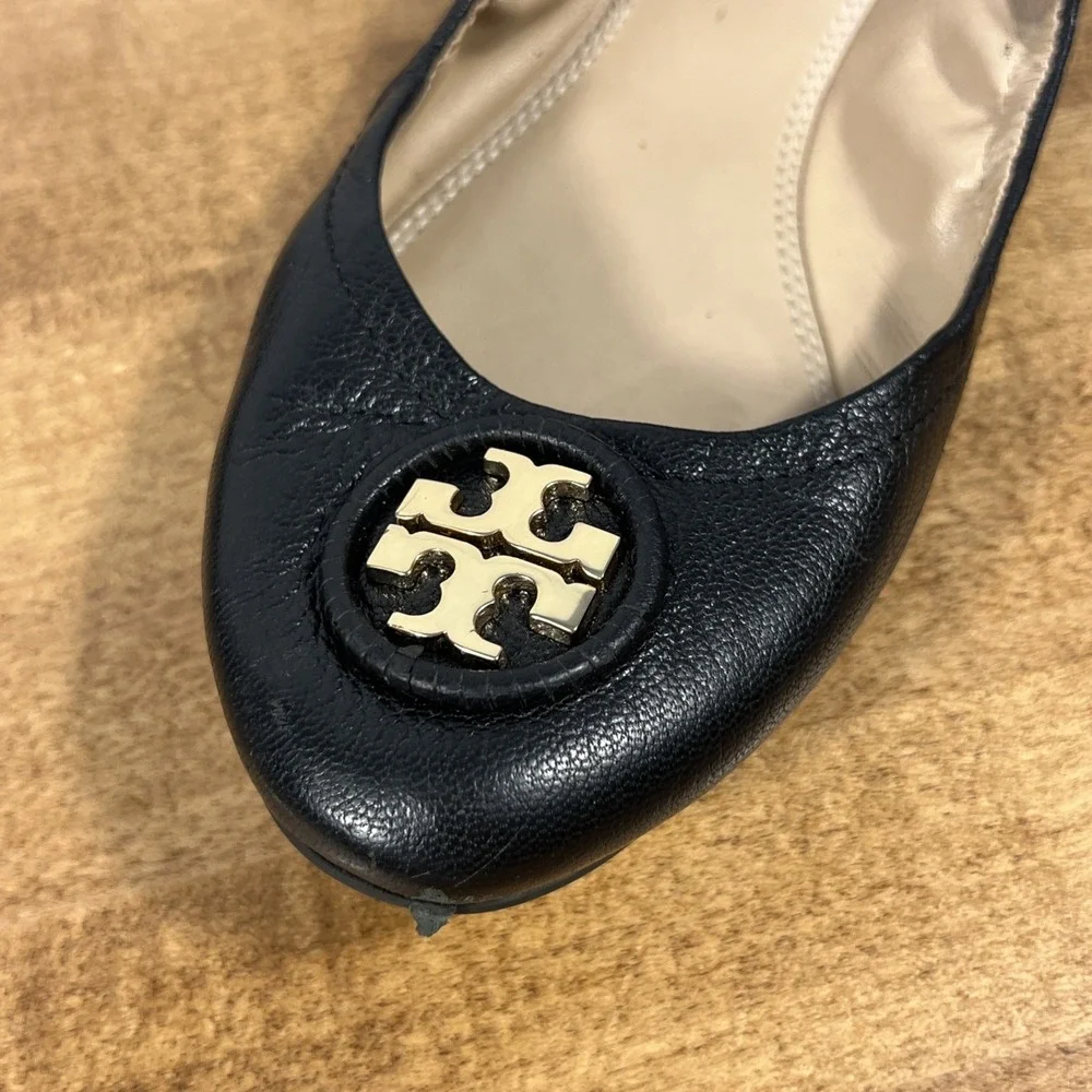 Women's Black Tory Burch Claire Ballet Flats Gold Tone Logo Emblem Size 9